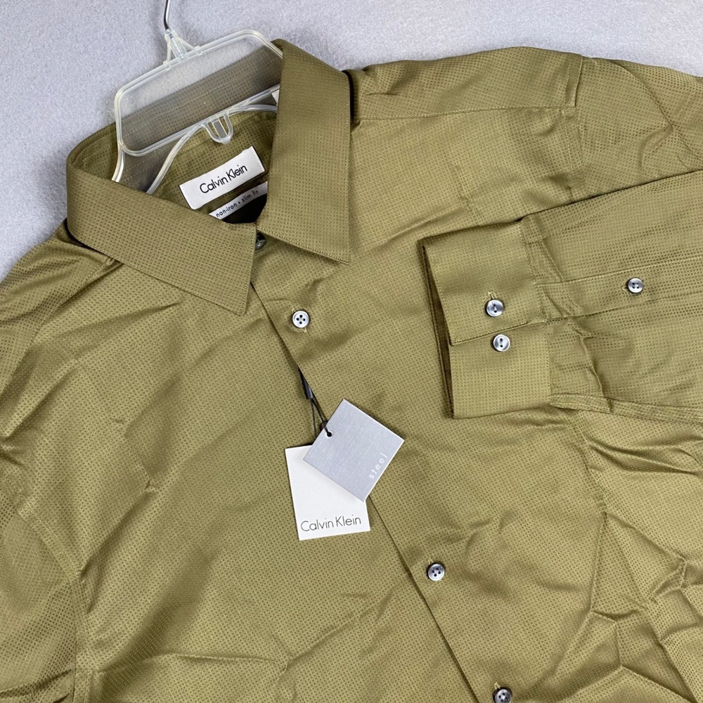 Calvin Klein Steel Mens Slim Fit Non-Iron Dress Shirt Olive Green 16 32-33